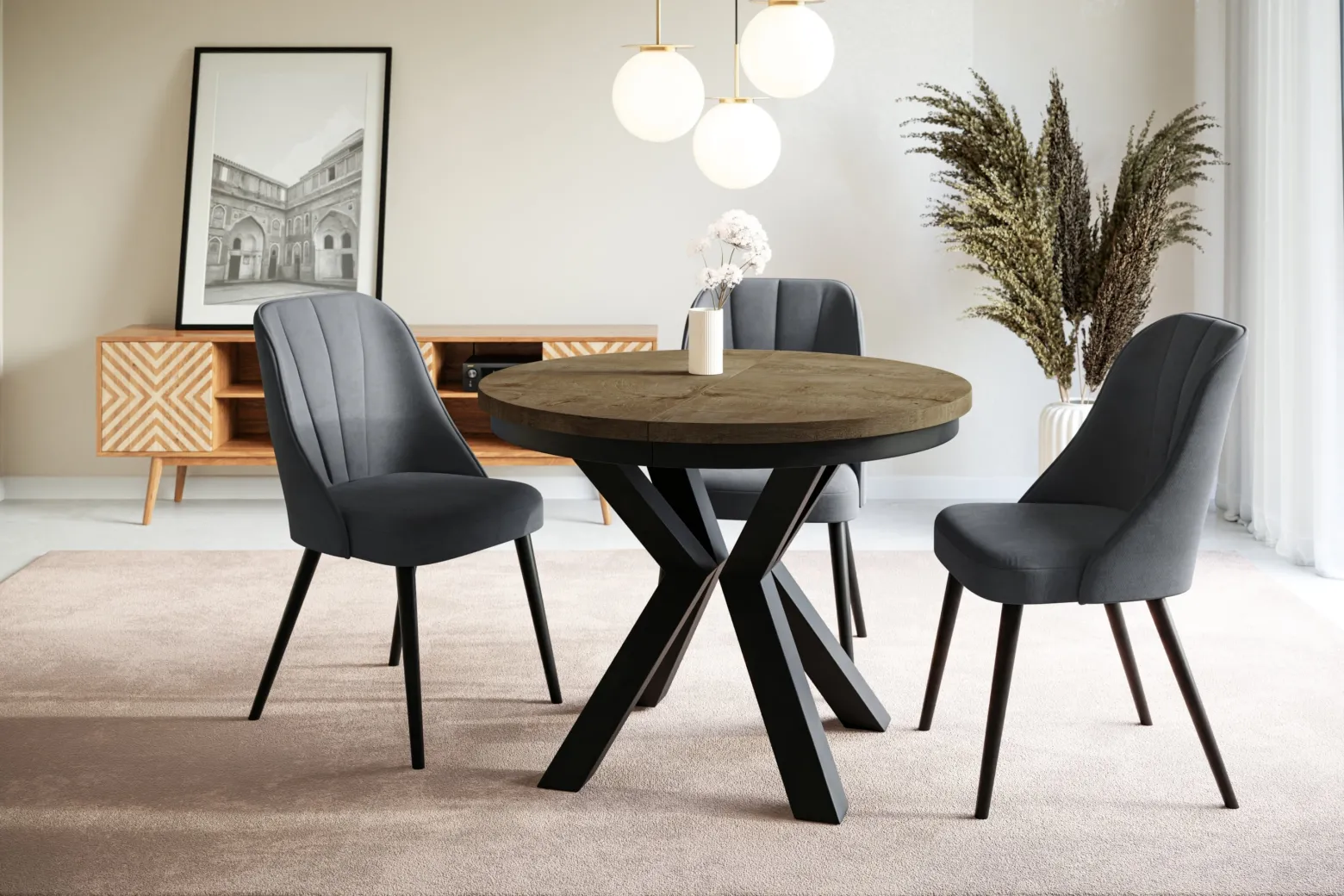 Stół rozkładany okrągły LOFT 100/176 dąb Lefkas/czarny