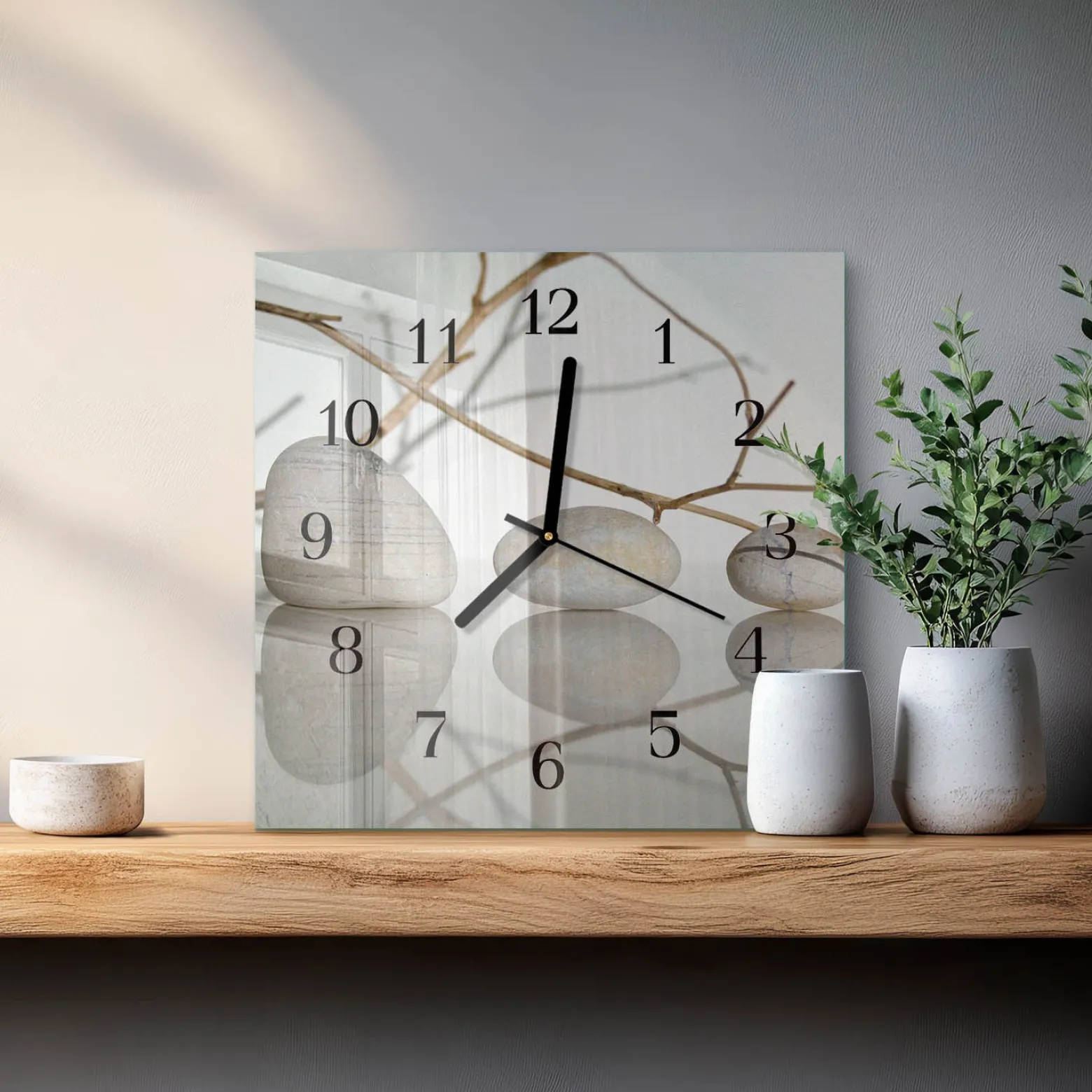 Stylowy zegar 30x30 Kamienie zen spa grafika na szkle ścienny