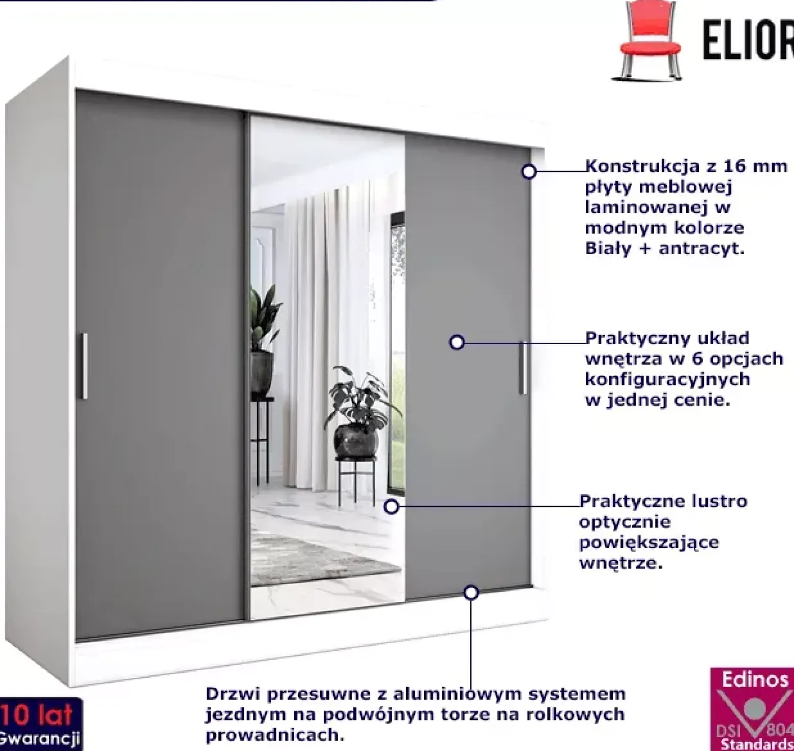 Szafa przesuwna biały + antracyt 200 cm - Maeno