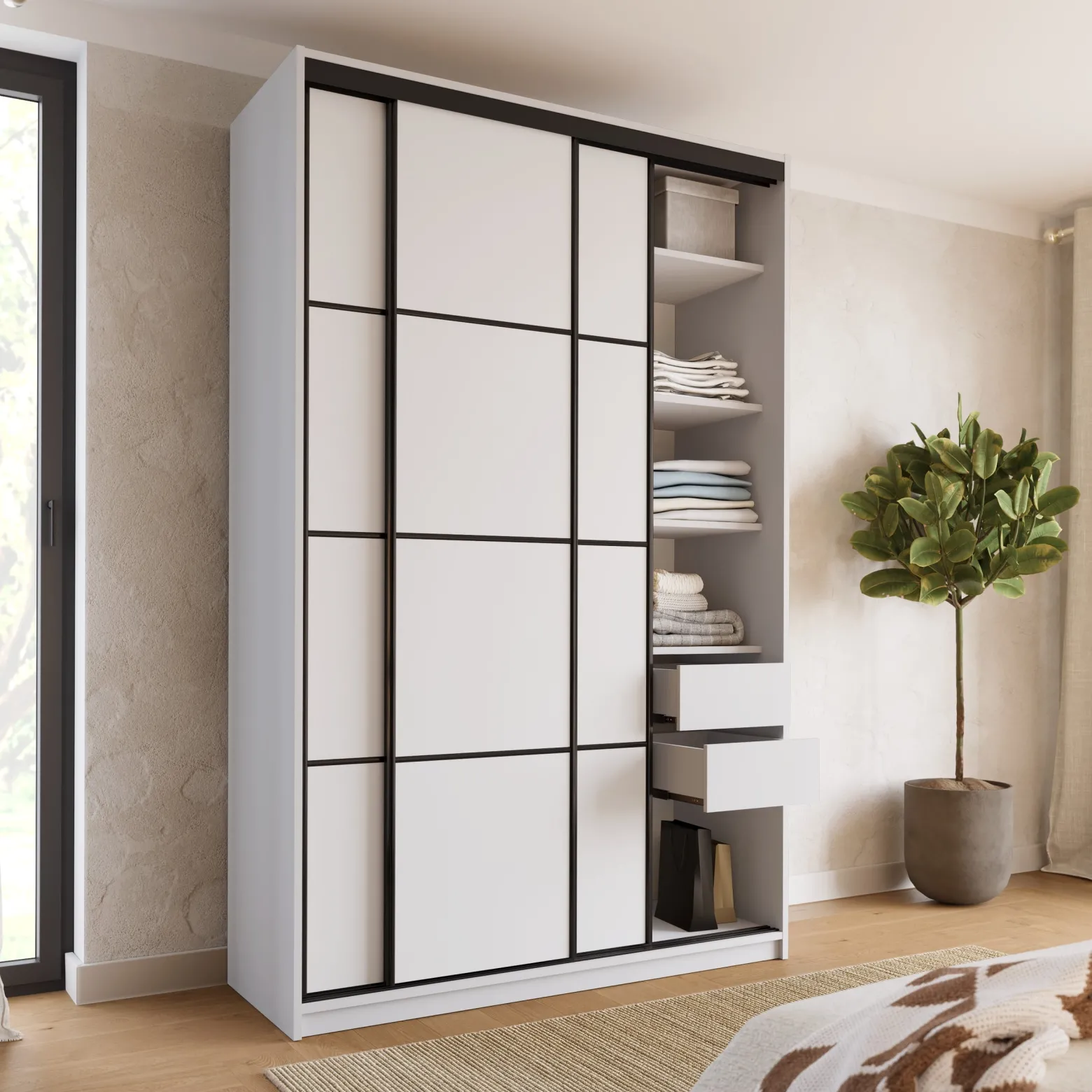 Szafa przesuwna 150 cm LOFT MAX biała z półkami