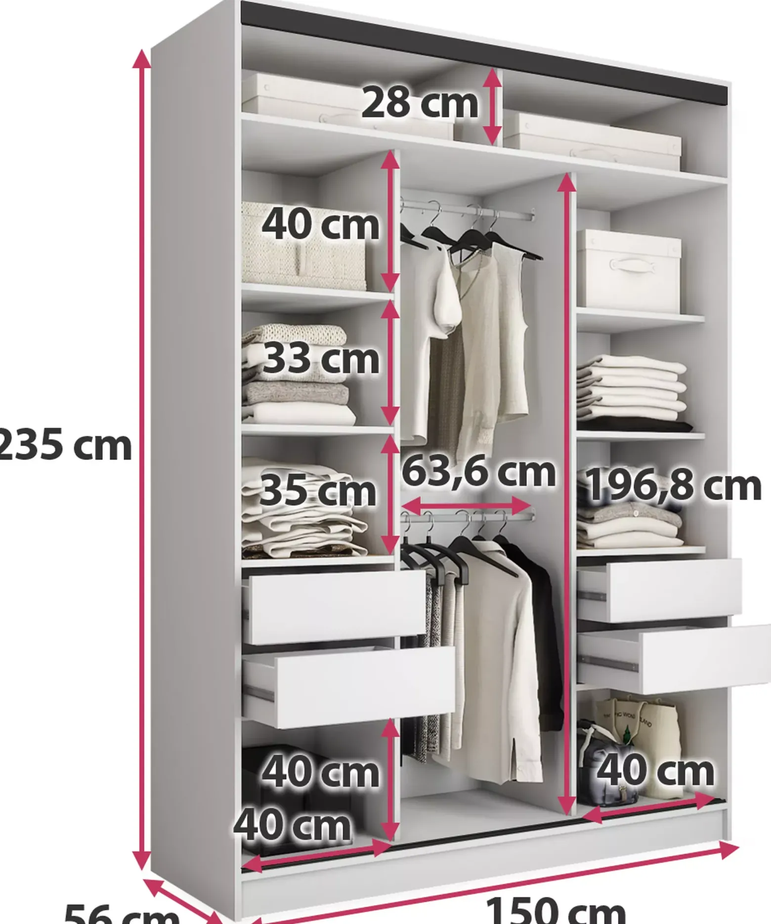 Szafa przesuwna 150 cm LOFT MAX biała z półkami