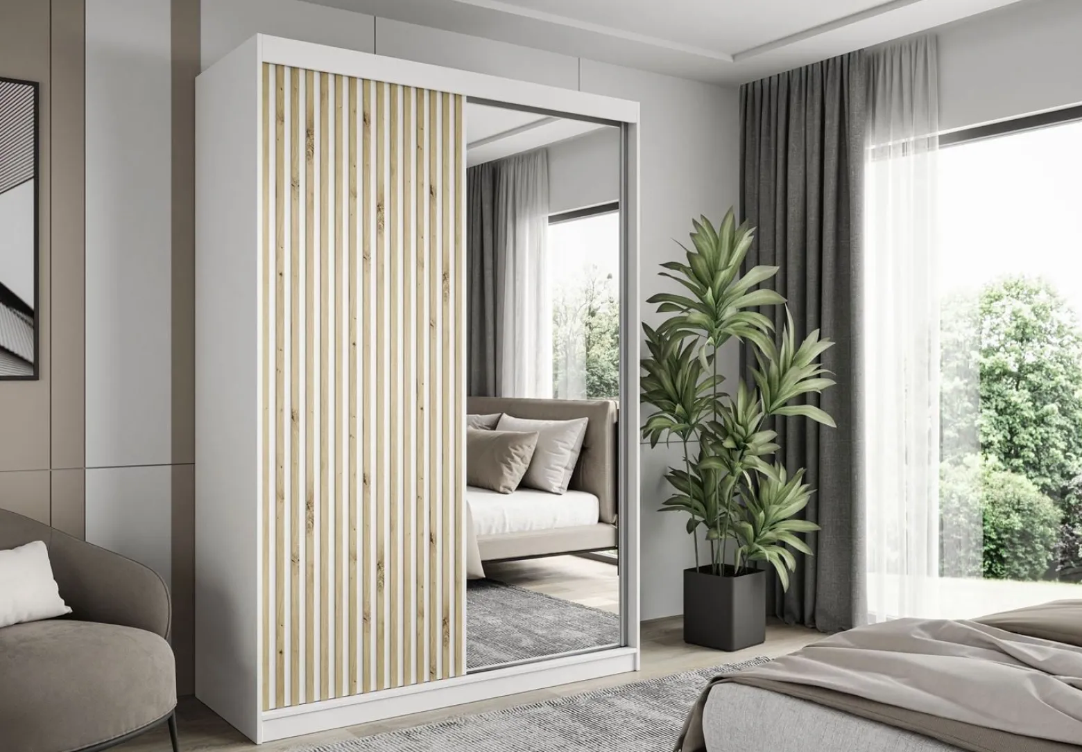 Szafa przesuwna LAINA z lamelami dąb artisan biała z lustrem