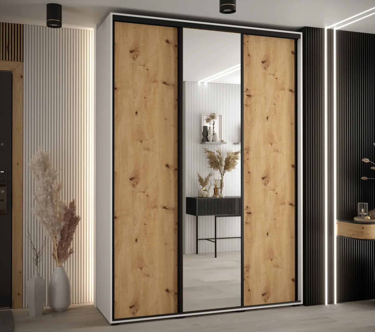 Szafa przesuwna 45 wysoka Davos 3 180 biały+artisan+czarny