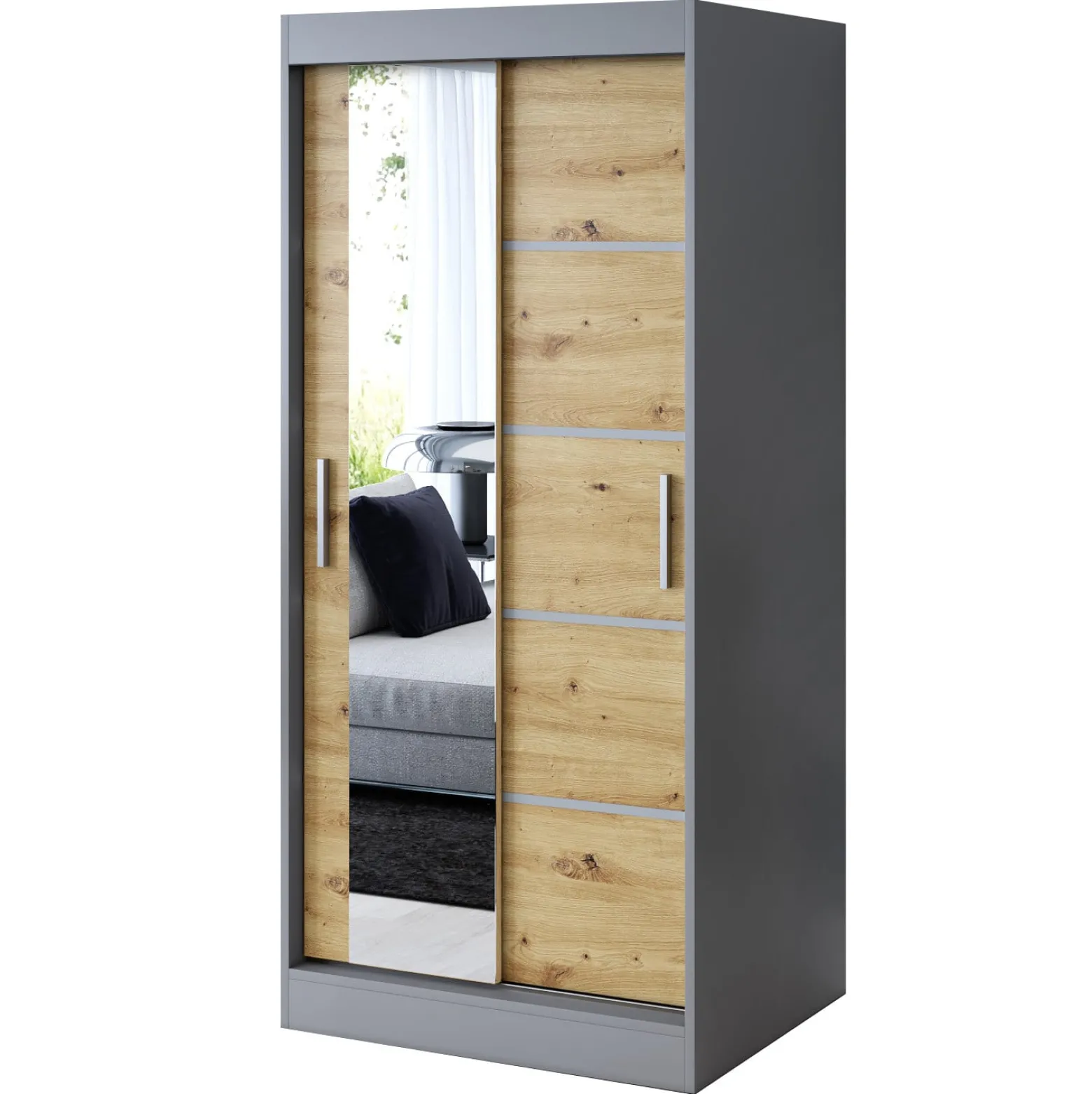 Szafa przesuwna 1x Lustro 90x200 Ralf, Antracyt Mat / Dąb Artisan