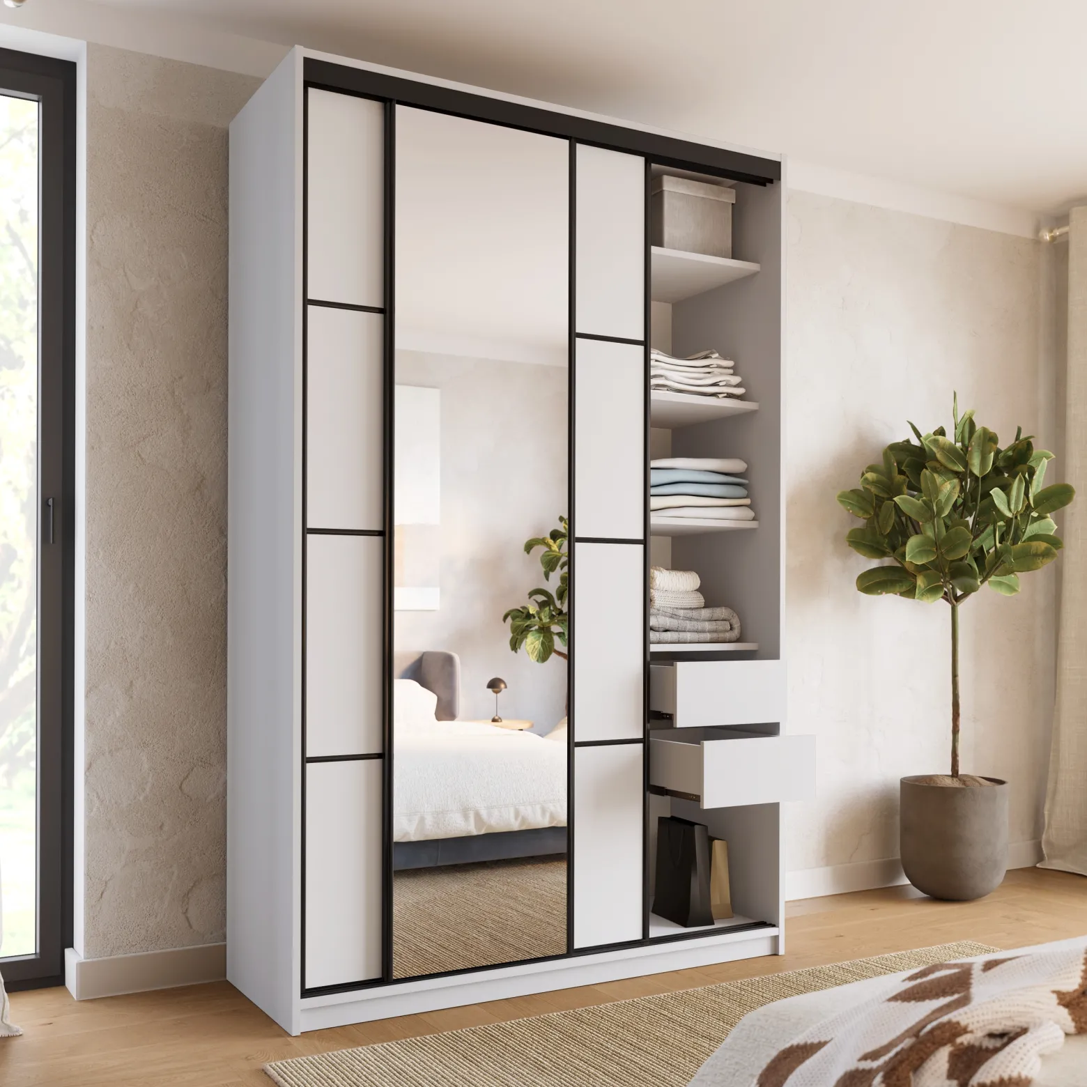 Szafa przesuwna z lustrem 150 cm LOFT MAX z szufladami drążki
