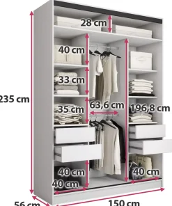Szafa przesuwna z lustrem 150 cm LOFT MAX z szufladami drążki