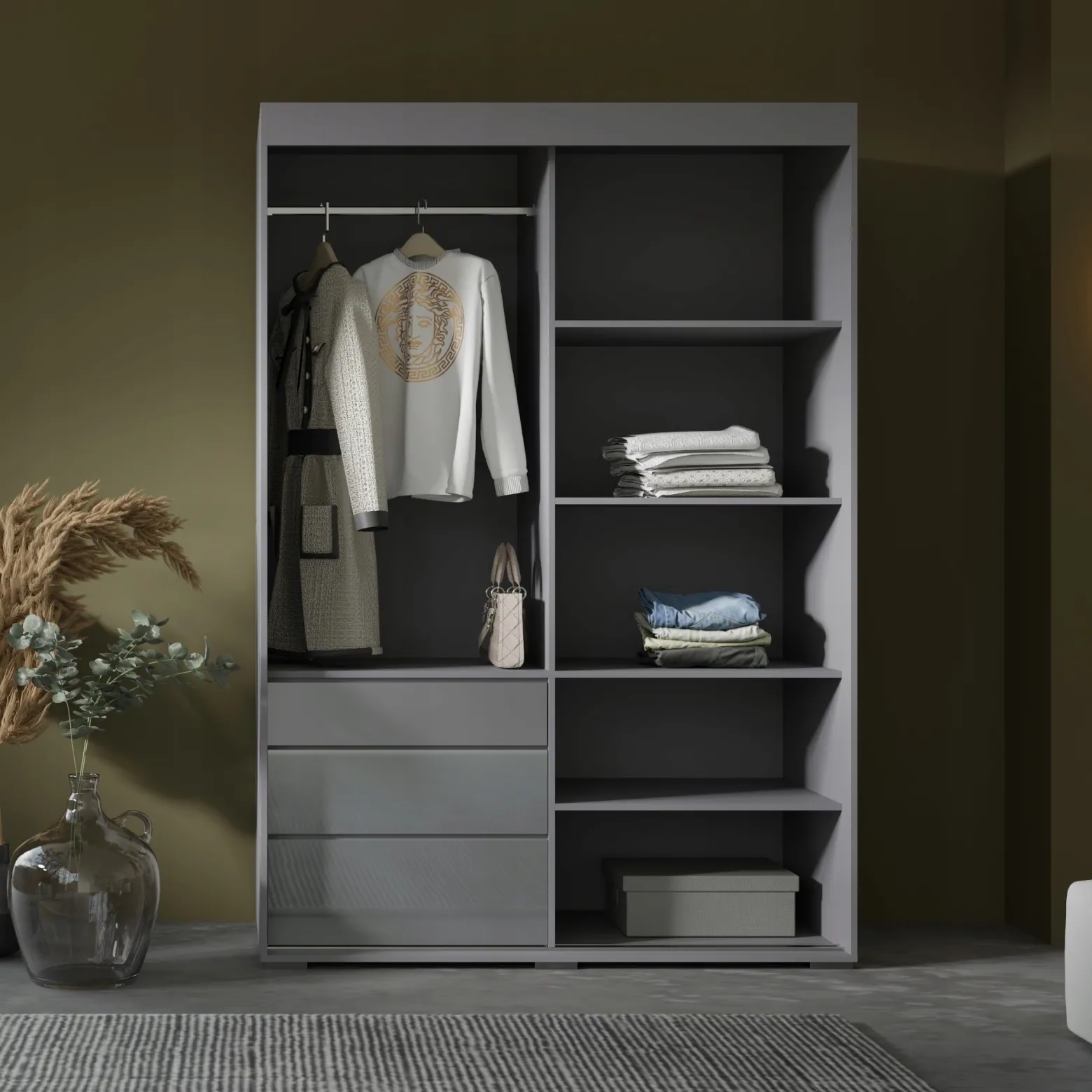 Szafa przesuwna z szufladami Torino 2D 140 Szara (lacobel)
