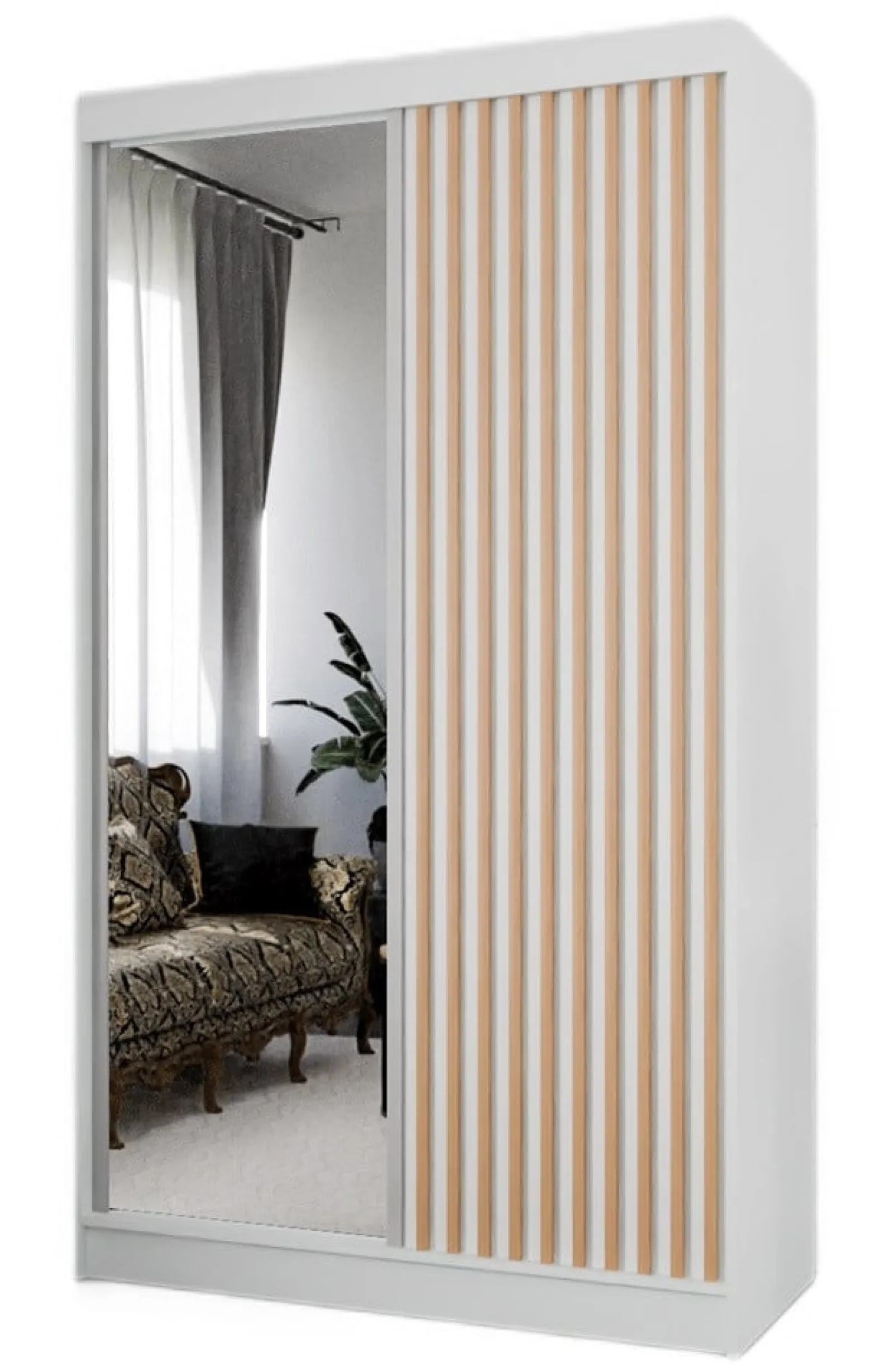Szafa z lamelami i lustrem 120 cm - biała + lam. craft złoty