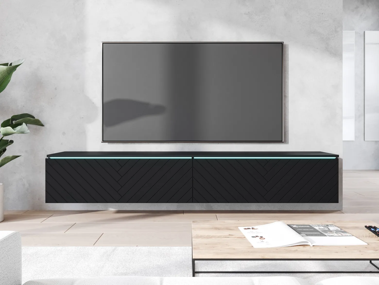 Szafka RTV DONNA 180 czarny grafit/czarny MDF wzór jodełka