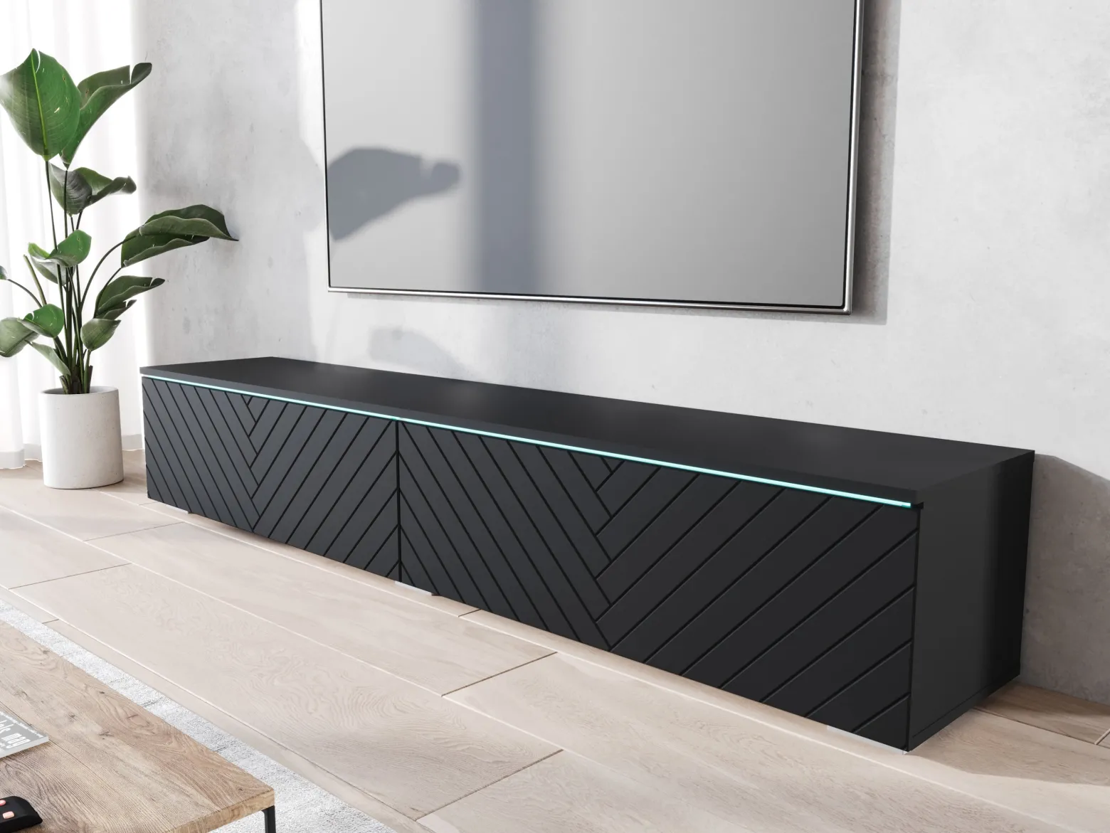 Szafka RTV DONNA 180 czarny grafit/czarny MDF wzór jodełka
