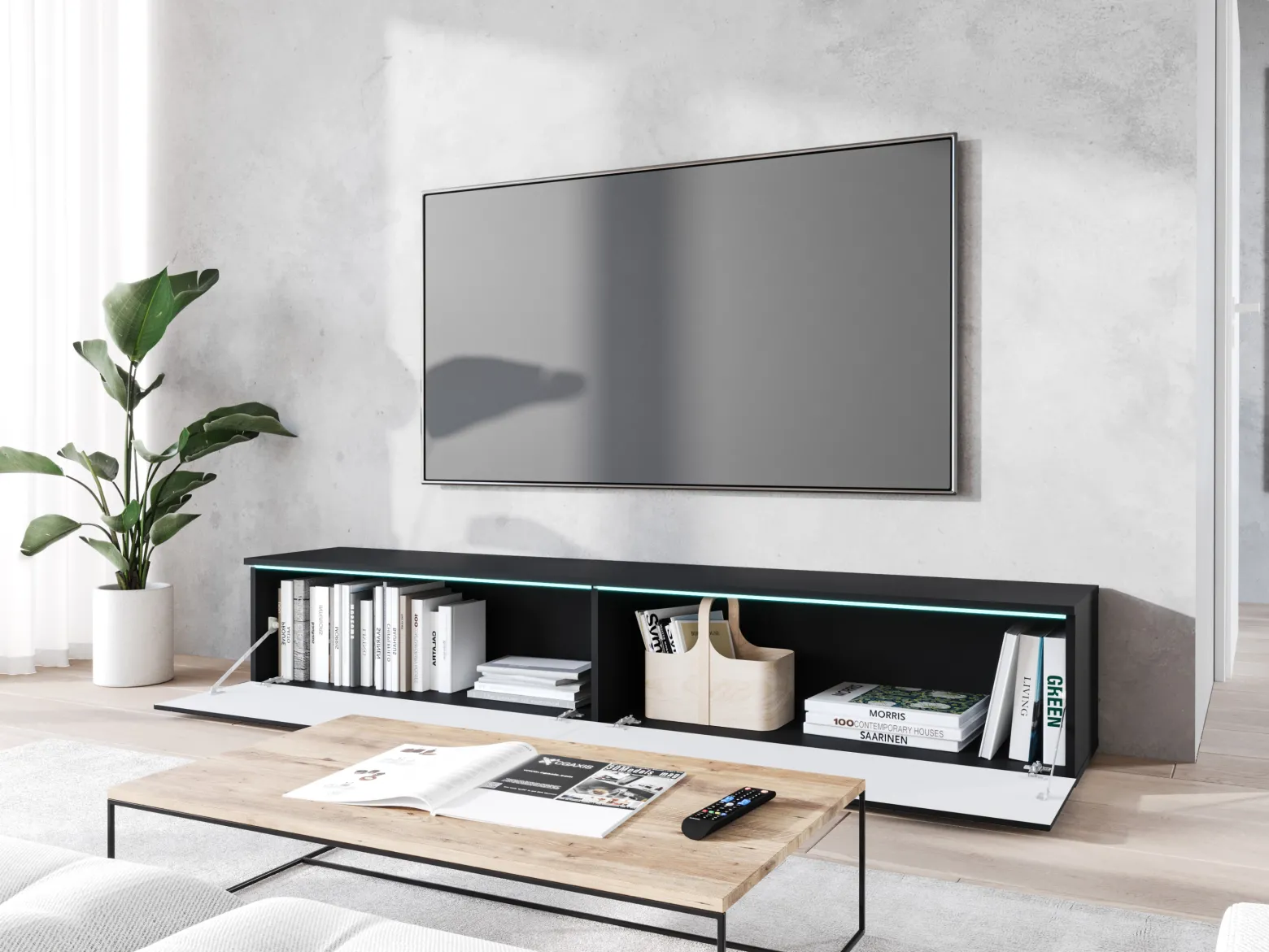 Szafka RTV DONNA 180 czarny grafit/czarny MDF wzór jodełka