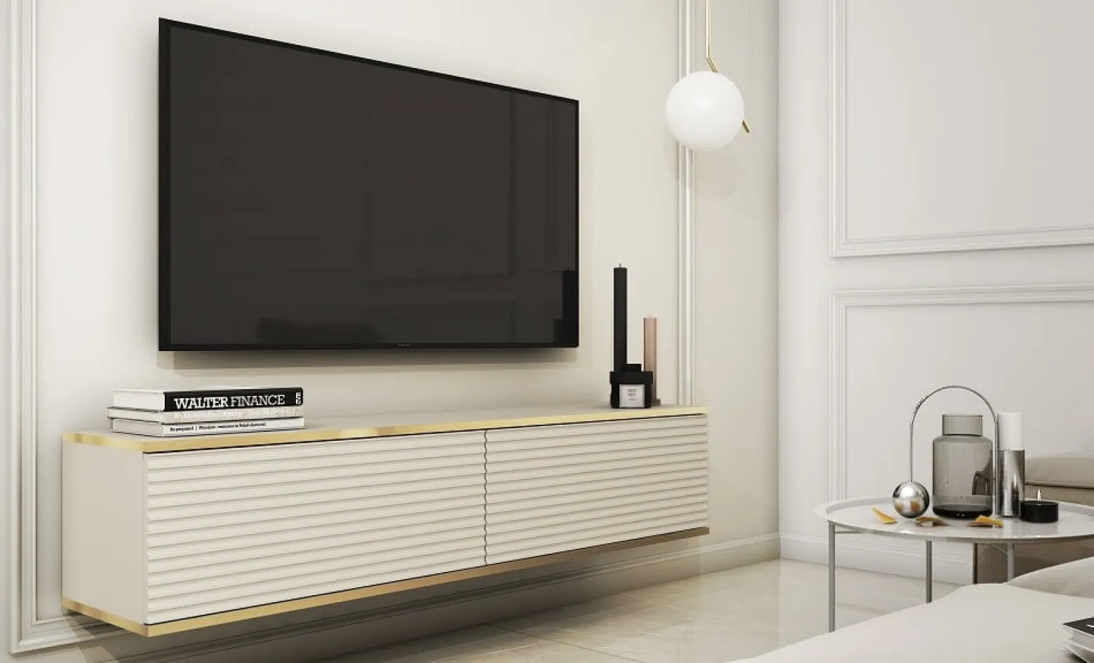 Szafka rtv POLO wisząca mdf ryflowany 135 cm - beżowa