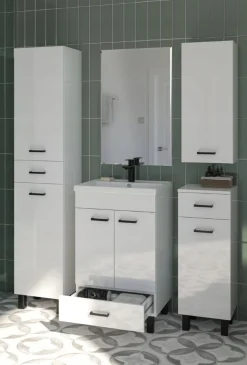 Szafka Łazienkowa Stojąca Z Umywalką Biała Połysk 60 x 40 cm Szufladka