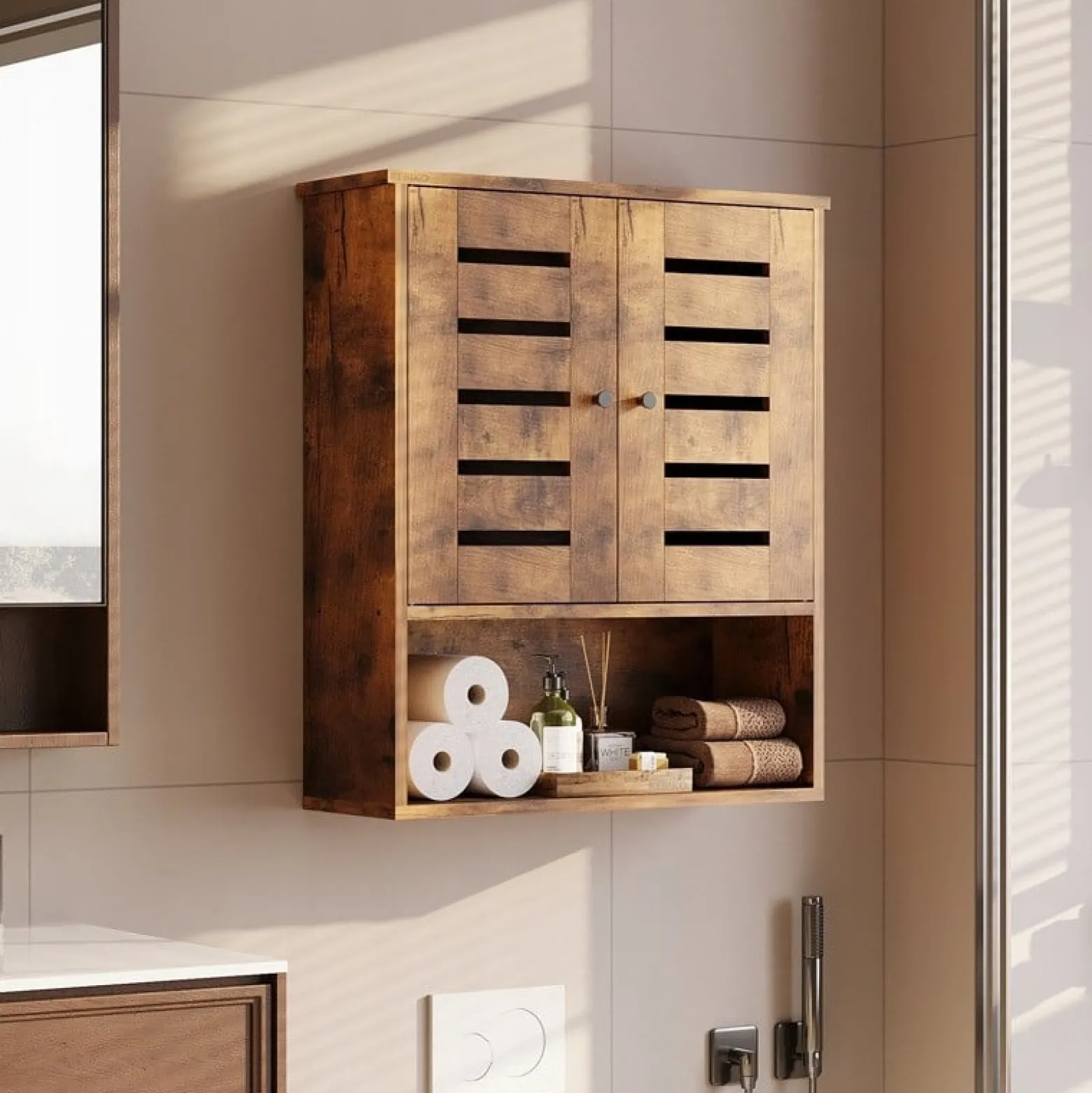 Szafka łazienkowa wisząca rustykalny brąz półka słupek ścienna loft 60 cm