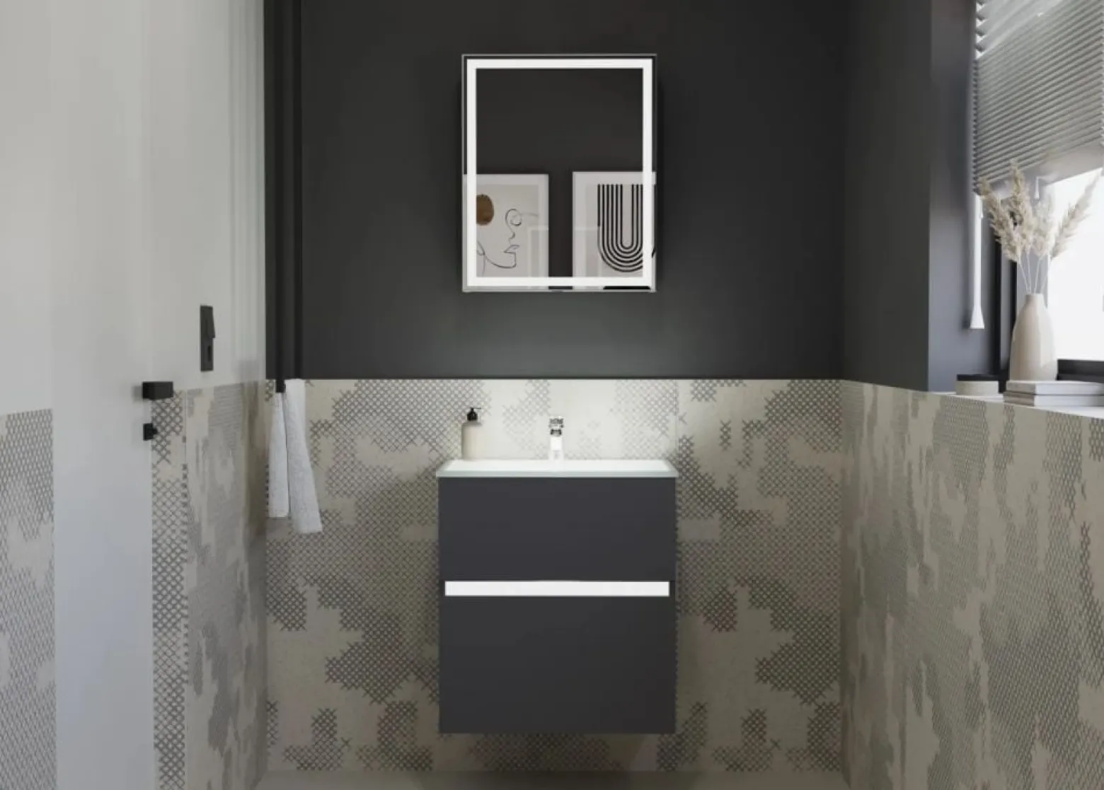Szafka łazienkowa z lustrem NEO 52 cm czarny mat z oświetleniem LED