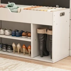 Szafka na buty biała otwierana z siedziskiem drewniana z półkami pojemna 80