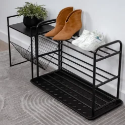 Szafka na buty półka regał obuwie czarna + ociekacz mata organizer metalowy
