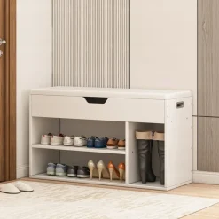 Szafka na buty z siedziskiem drewniana schowek 3 półki otwierana biała 80cm