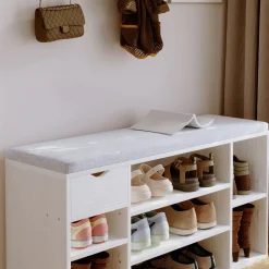 Szafka na buty z szarym siedziskiem loft biała przedpokój nowoczesna