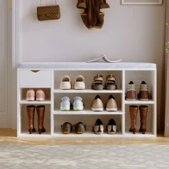 Szafka na buty z szarym siedziskiem loft biała przedpokój nowoczesna