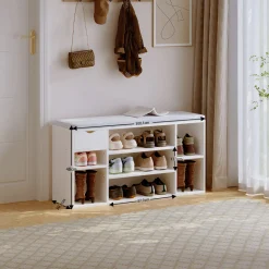 Szafka na buty z szarym siedziskiem loft biała przedpokój nowoczesna