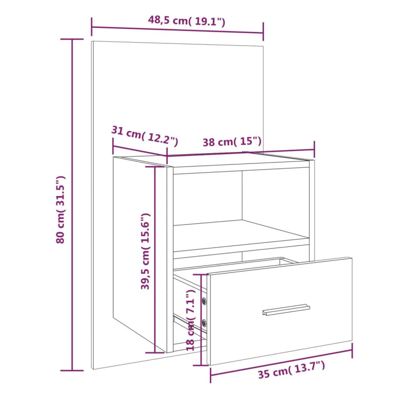 Szafka Nocna Stolik Komoda Brązowa Wisząca Do Sypialni 48,5x32,5x80 cm