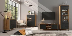 Szafka RTV Bellano 140 cm z 2 drzwiami i półkami dąb evok/czarny