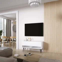 Szafka RTV Biały Mat, nogi pochyłe czarne, 100 x 32 x 52 cm