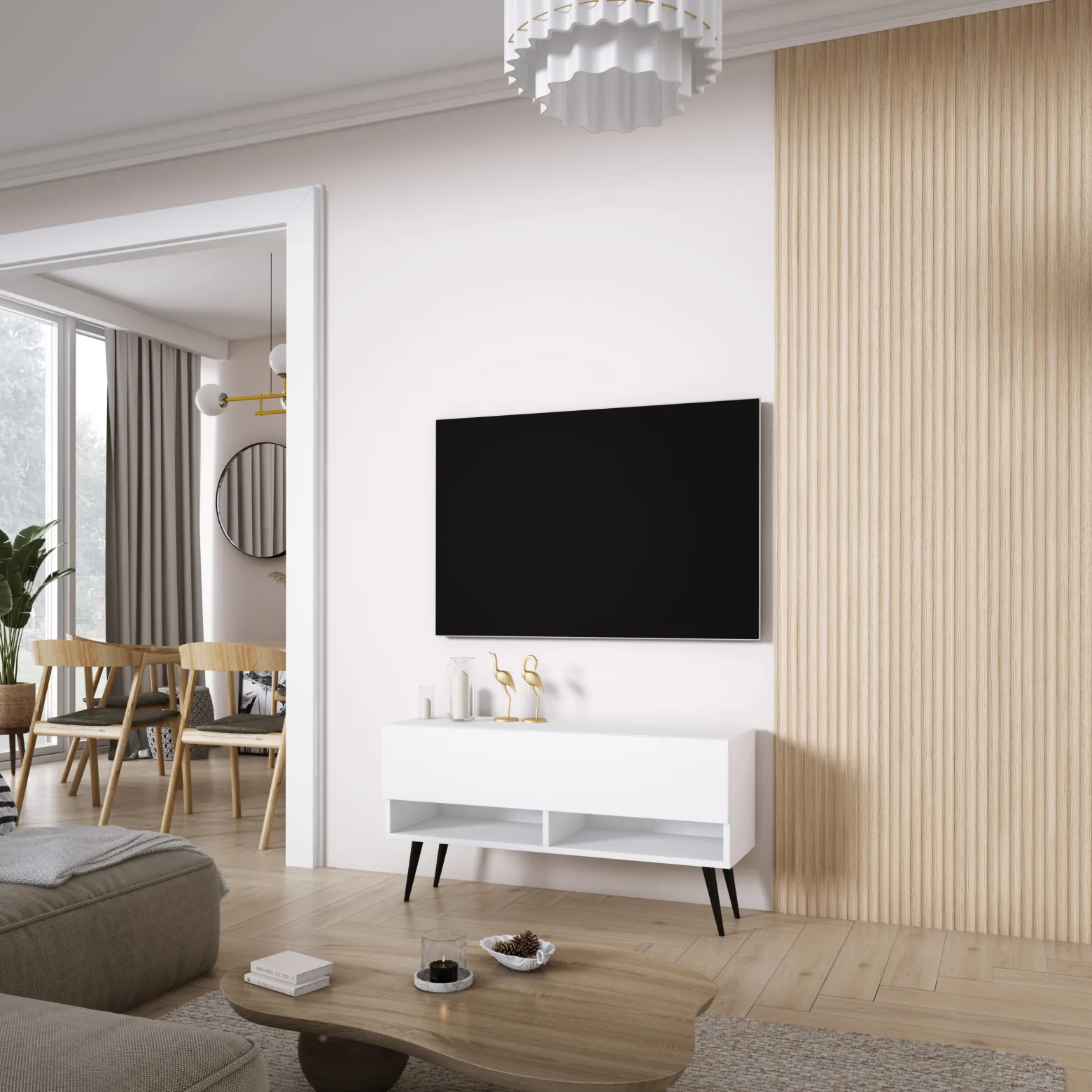 Szafka RTV Biały Mat, nogi pochyłe czarne, 100 x 32 x 52 cm