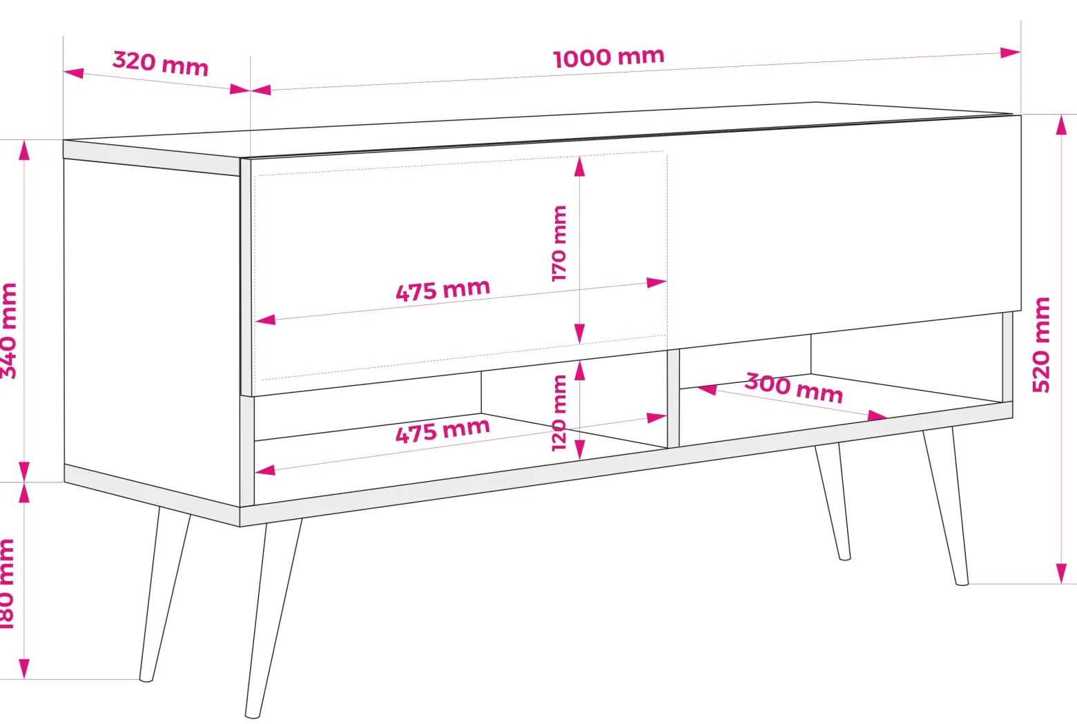 Szafka RTV Biały Mat, nogi pochyłe czarne, 100 x 32 x 52 cm