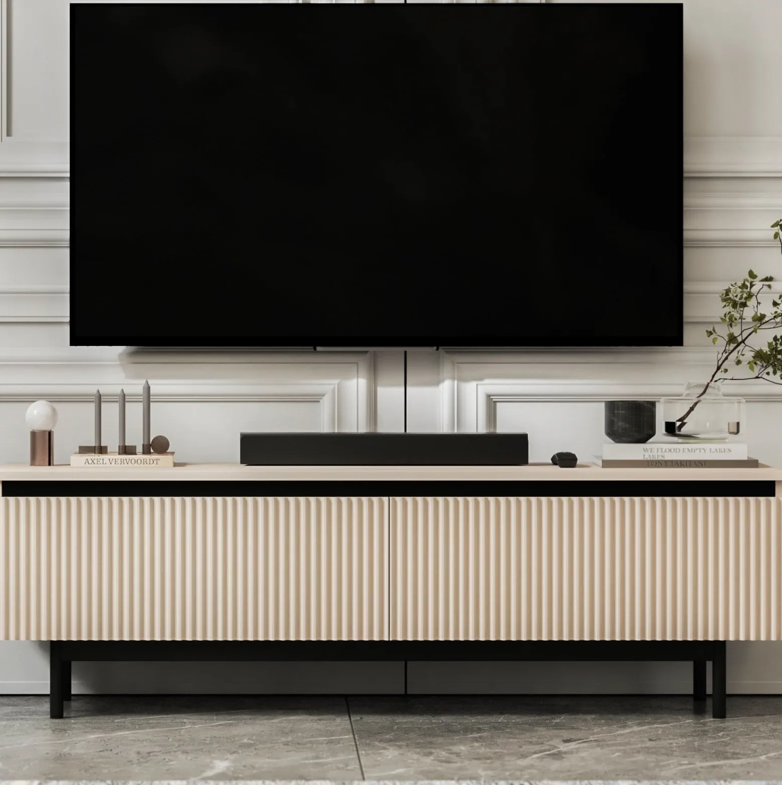 Szafka RTV Glamour Kaszmir mat Komoda RTV ryflowane fronty 140 cm Rama
