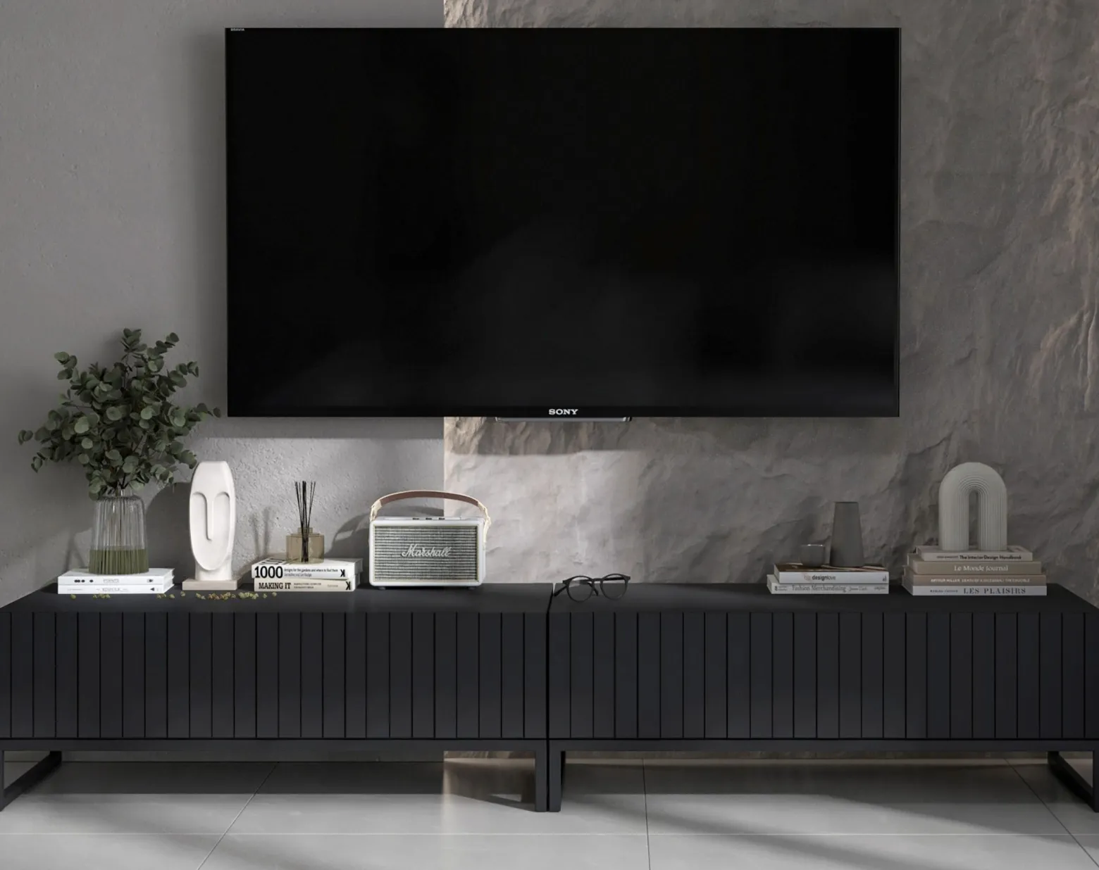 Szafka RTV Glamour Komoda RTV Czarny Mat 220 cm Czarna Rama