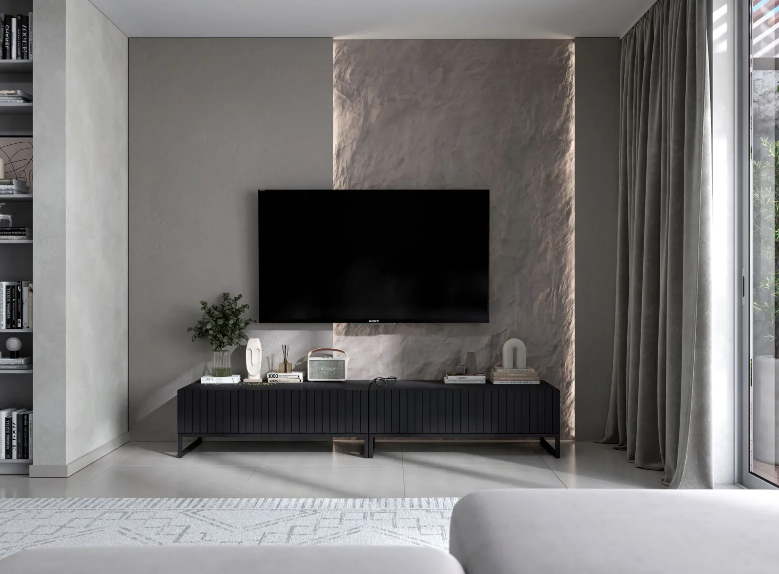 Szafka RTV Glamour Komoda RTV Czarny Mat 220 cm Czarna Rama