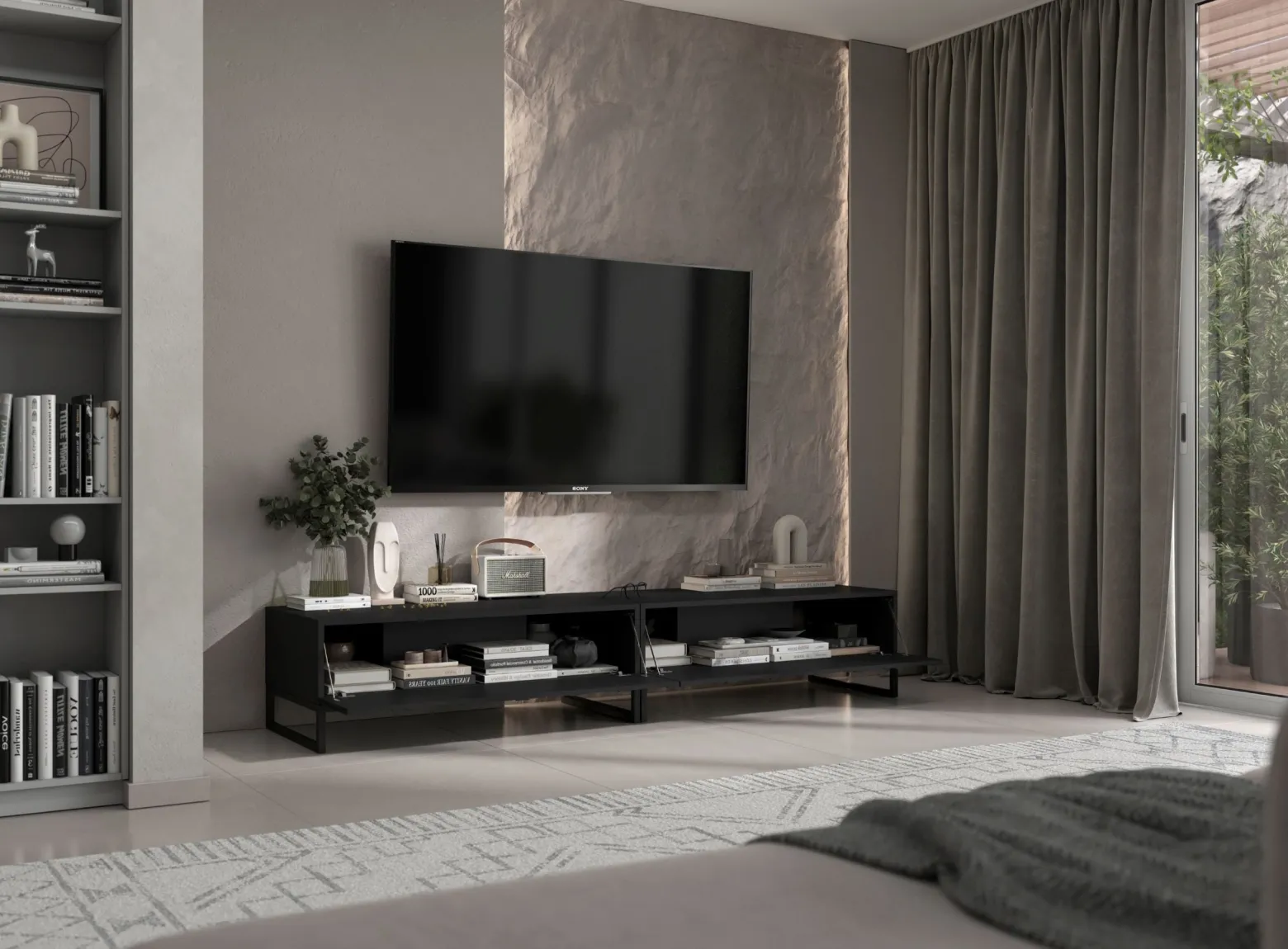 Szafka RTV Glamour Komoda RTV Czarny Mat 220 cm Czarna Rama