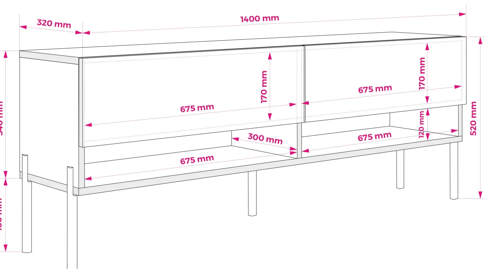 Szafka RTV Kaszmir, nogi proste złote, LED biały, 140 × 32 × 52 cm