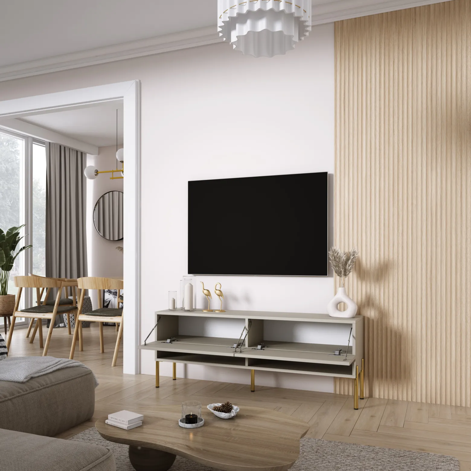 Szafka RTV Kaszmir, nogi proste złote, LED biały, 140 × 32 × 52 cm