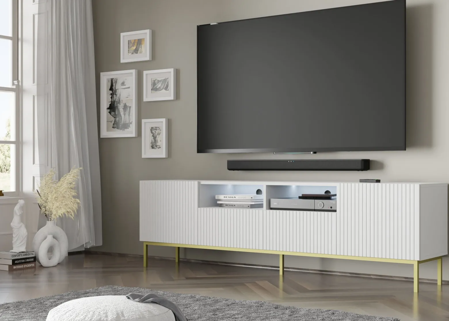 Szafka RTV Ravenna B 200 2D2S biały mat rama + RAMA ZŁOTA