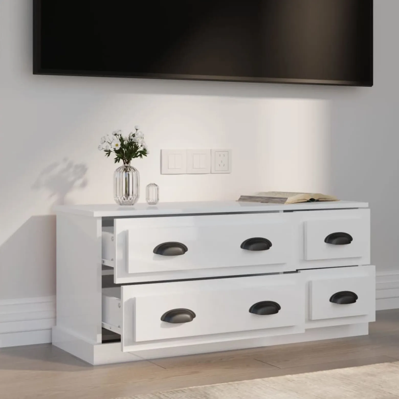 Szafka RTV Stolik Pod Telewizor Szafka Półka Biały Połysk 100x35.5x45 cm