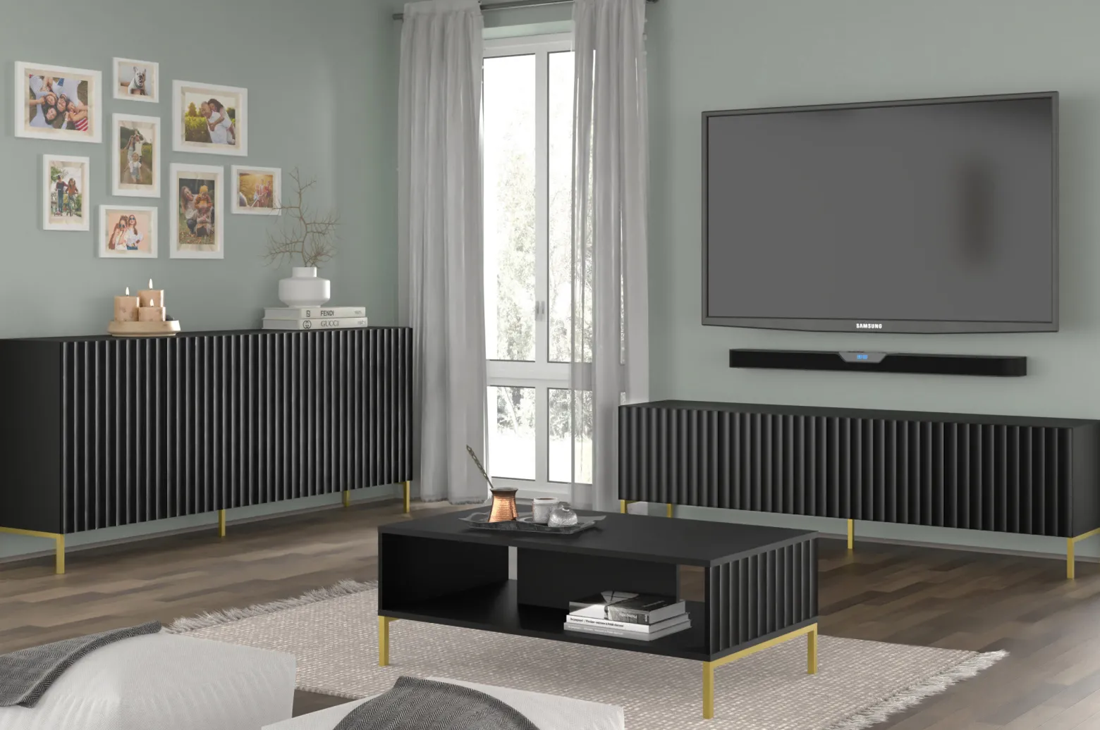 Szafka RTV WAVE 200 cm 4D frez czarny mat