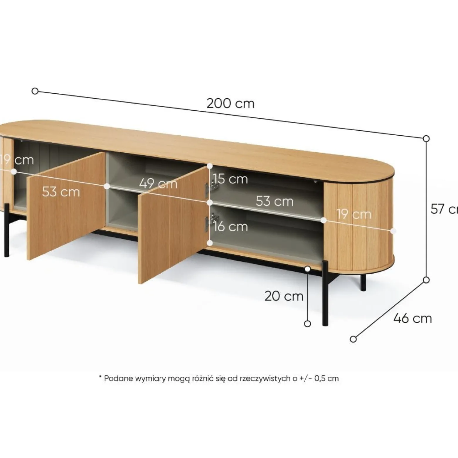 Szeroka szafka RTV 200 cm o zaokrąglonym kształcie do salonu RATTAS