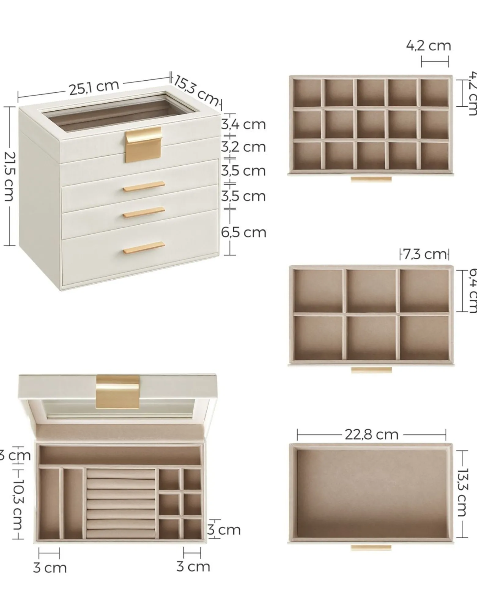 Szkatułka na biżuterię 4 poziomy GLAMOUR beżowa 21,5x25,1x15,3 cm