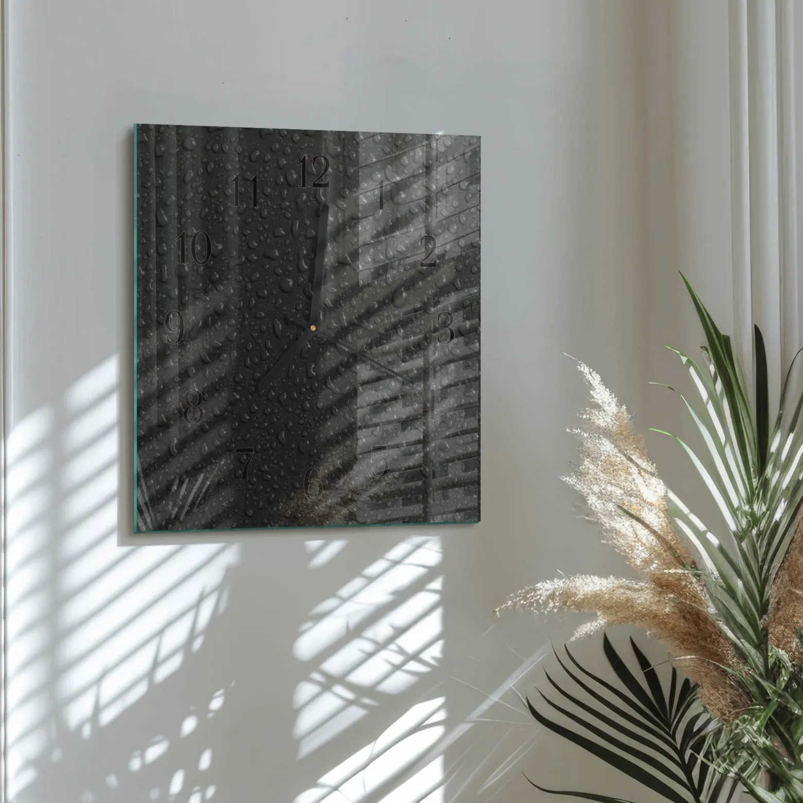 Szklany zegar 30x30 Krople Wody nowoczesny do salonu
