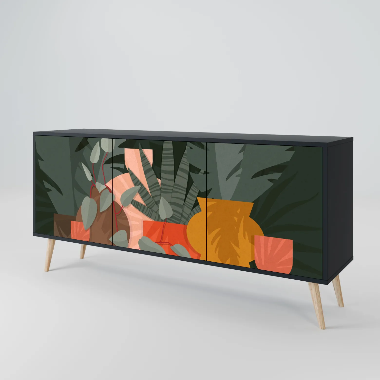 TROPICAL COMPOSITION Komoda 3 drzwi Czarna-Bukowa skośna