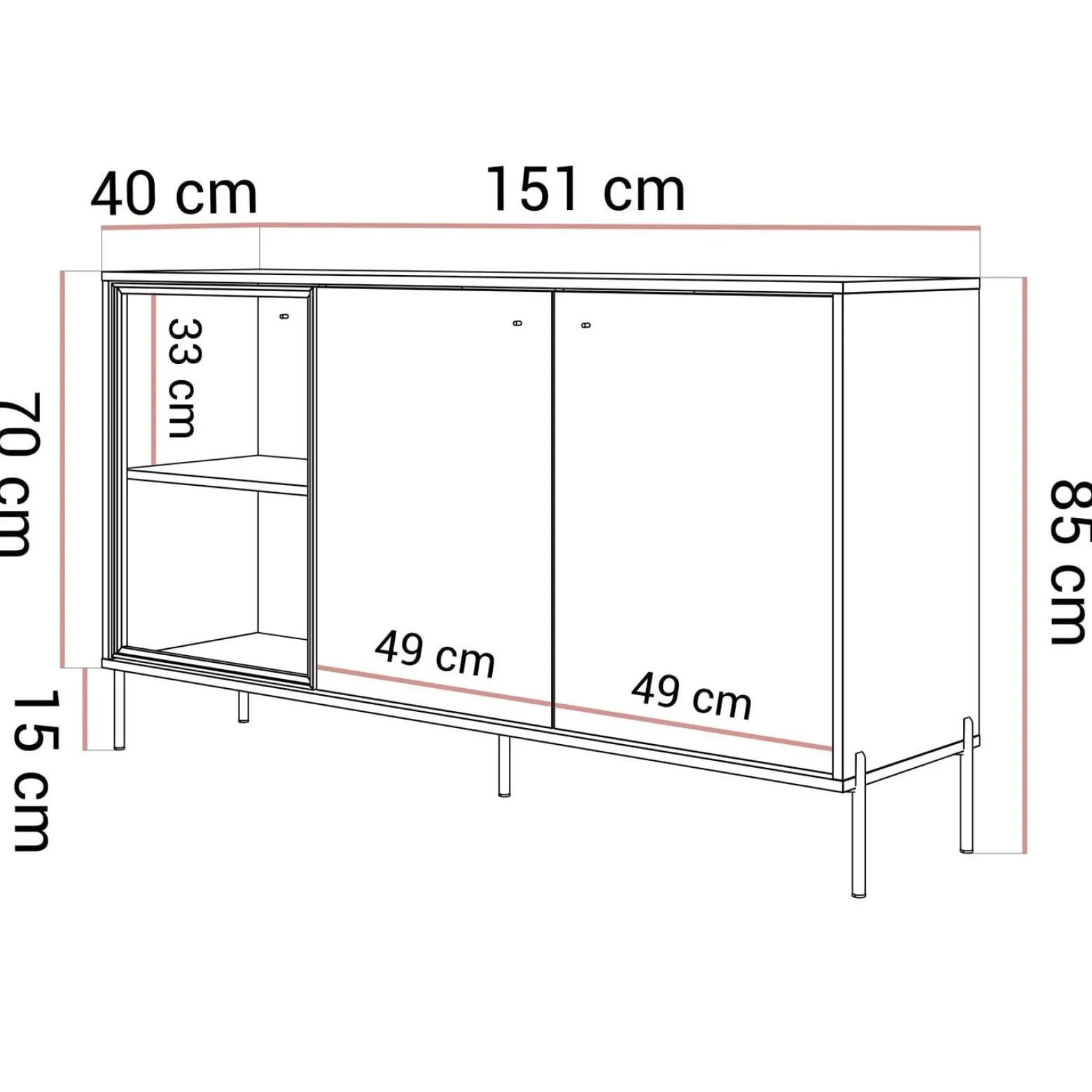 Trzydrzwiowa komoda ISA 3D z oświetleniem LED na wysokich nóżkach