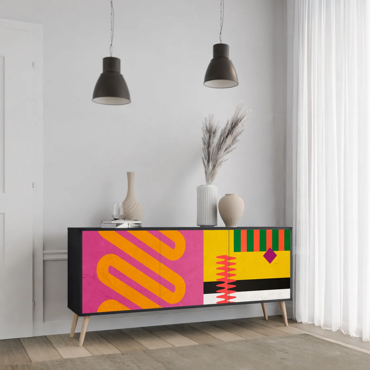 VIVID ART Komoda 3 drzwi Czarna-Bukowa skośna