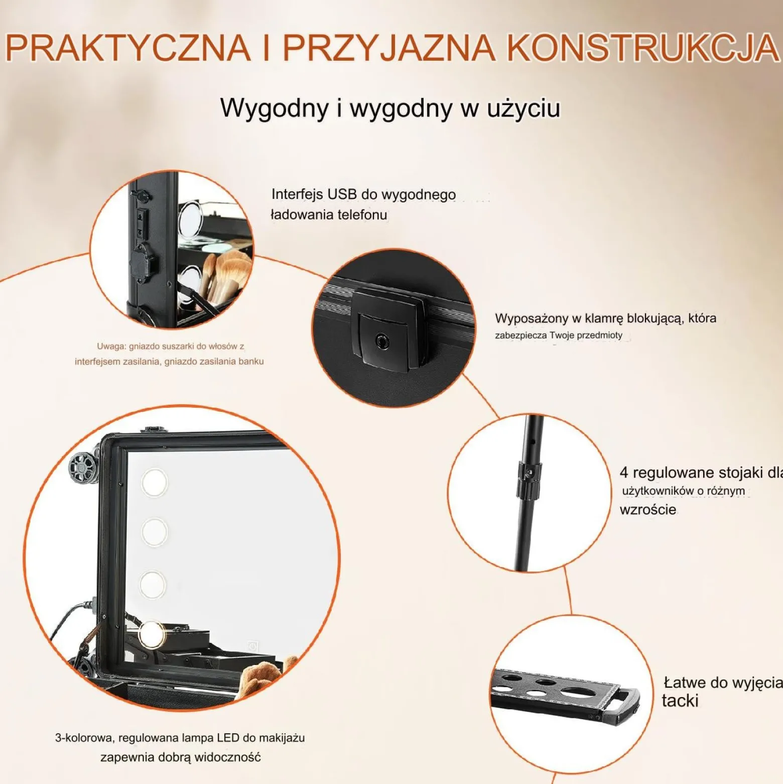Walizka kosmetyczna do makijażu z lustrem i blokadą – 4 półki