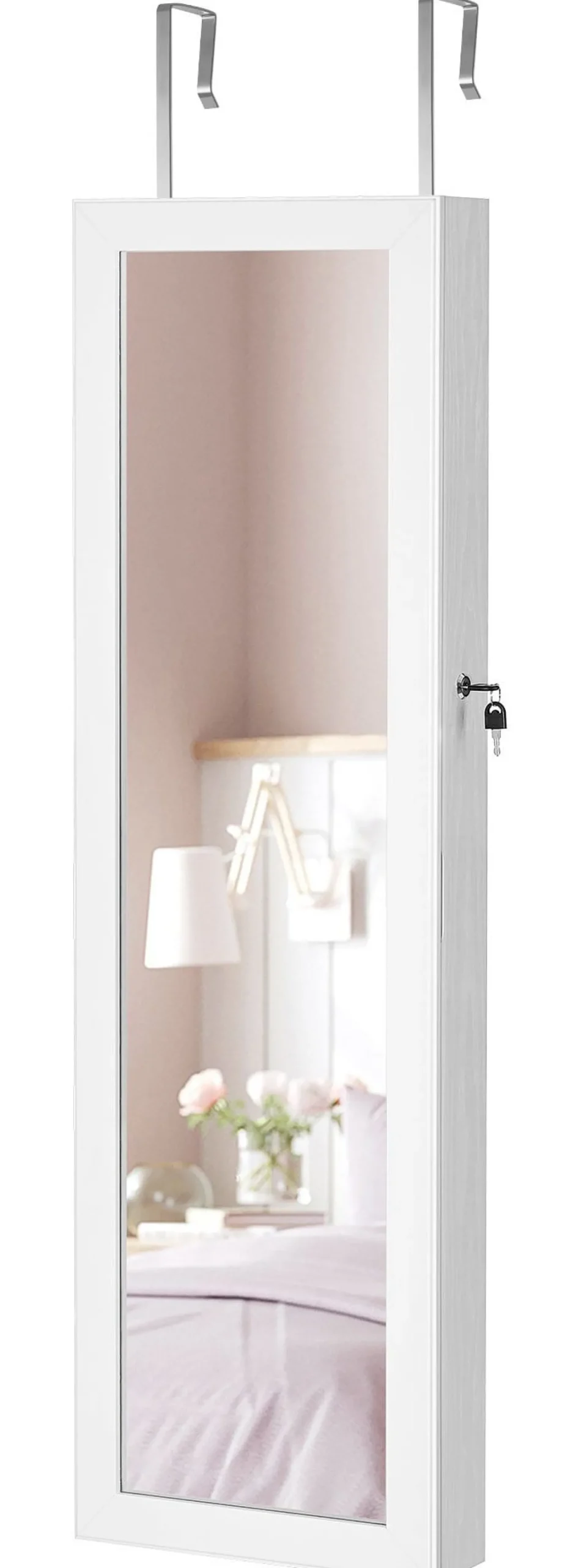 Wisząca szafka na biżuterię z lustrem LED zamykana na klucz 120x37x10 cm