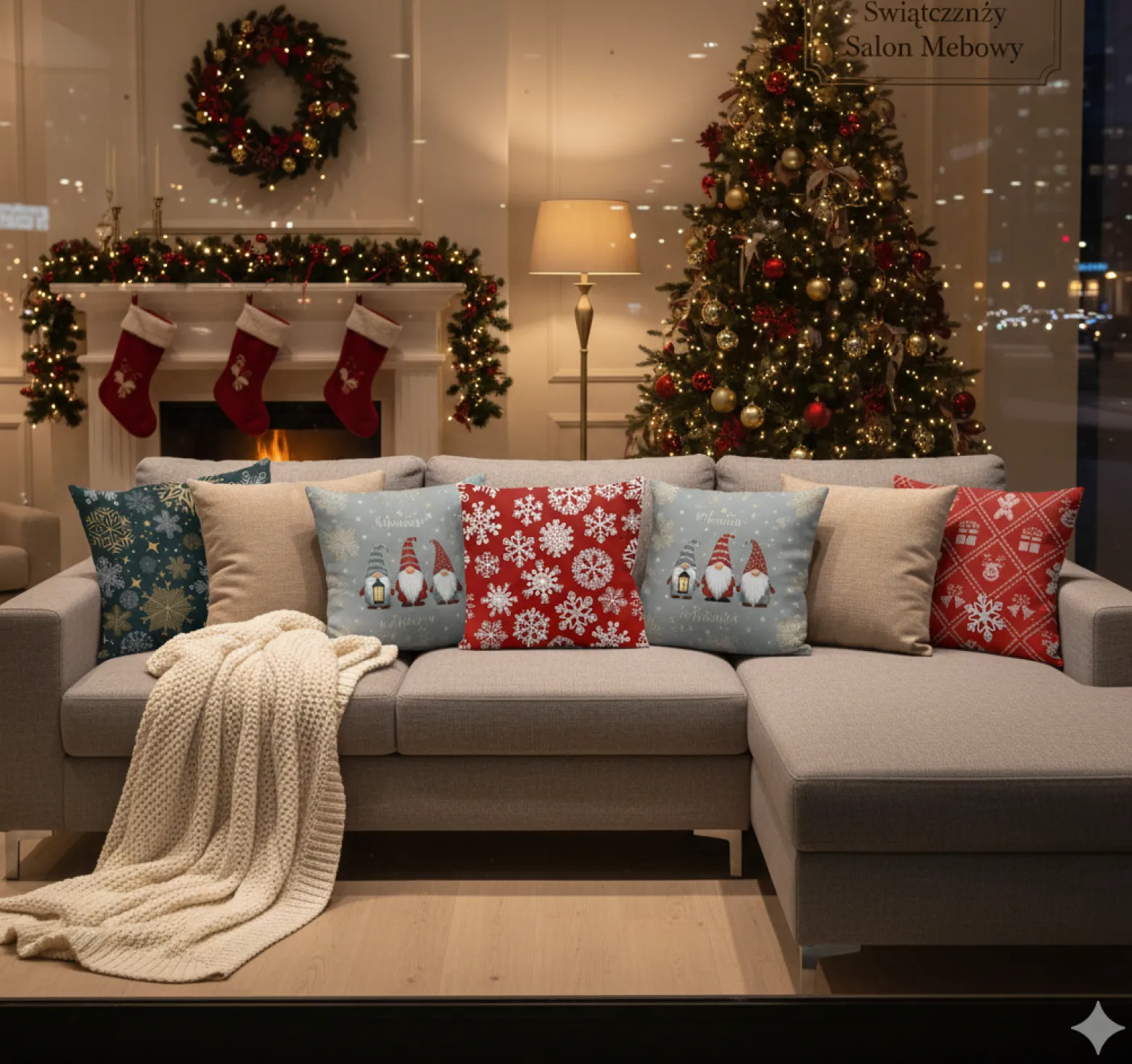 Świąteczna poszewka na poduszkę HOLLY JOLLY 45x45 skrzaty zimowe