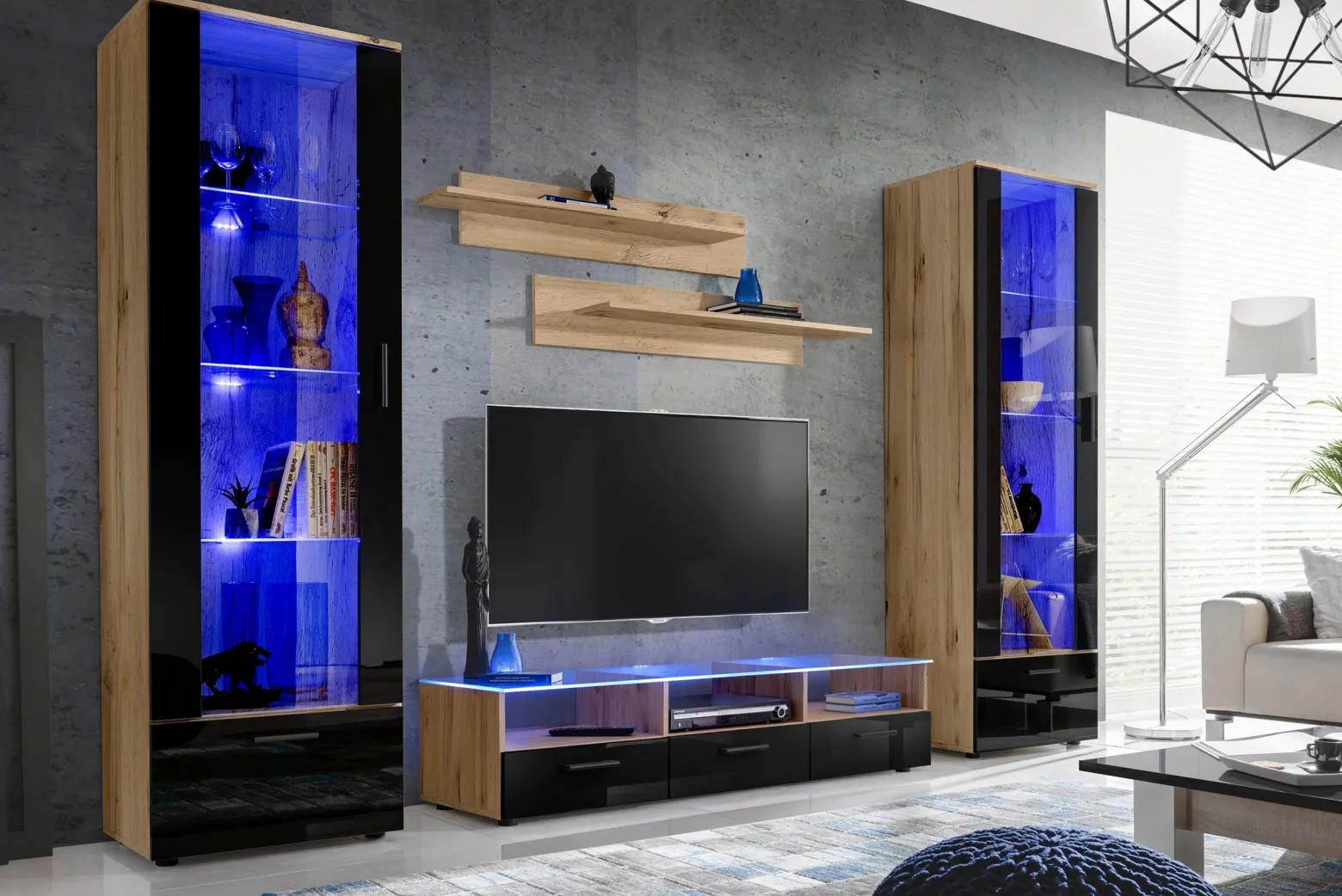 Witryna Szklana Regał Salon Dąb Wotan z Półkami LED 192x60