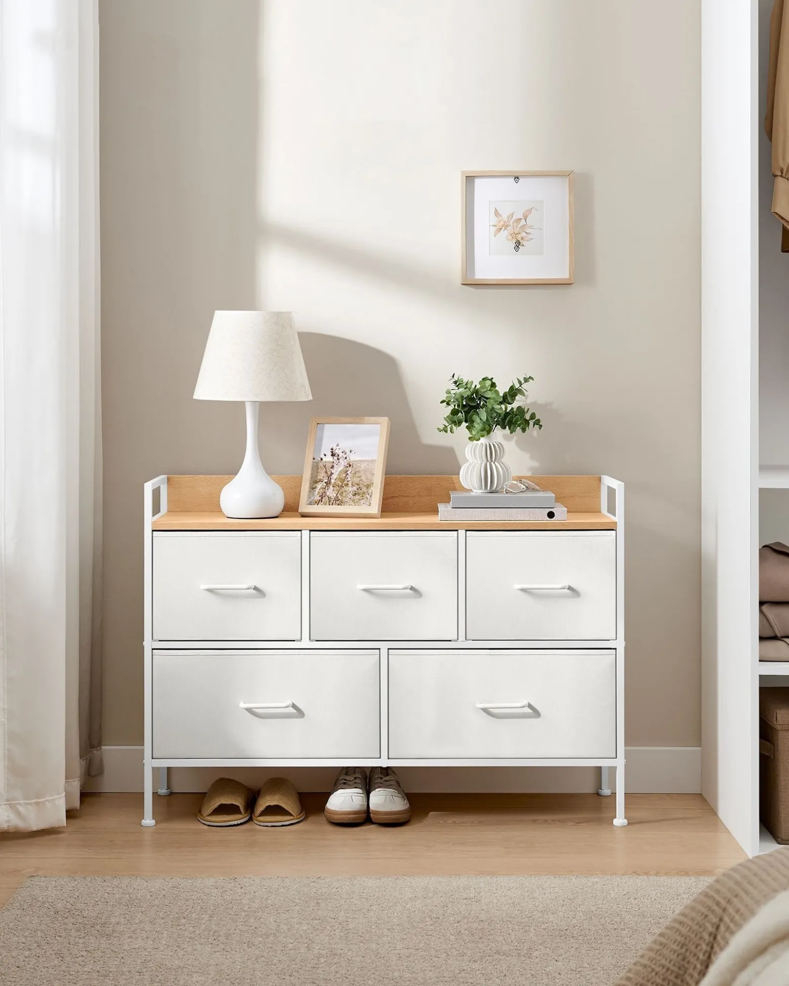 Wąska Biało-Beżowa Komoda 5 Szuflad MDF 70cm